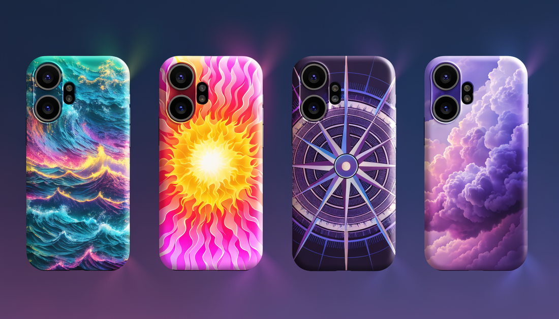 Quatre coques de téléphone avec différents motifs lumineux en impression UV