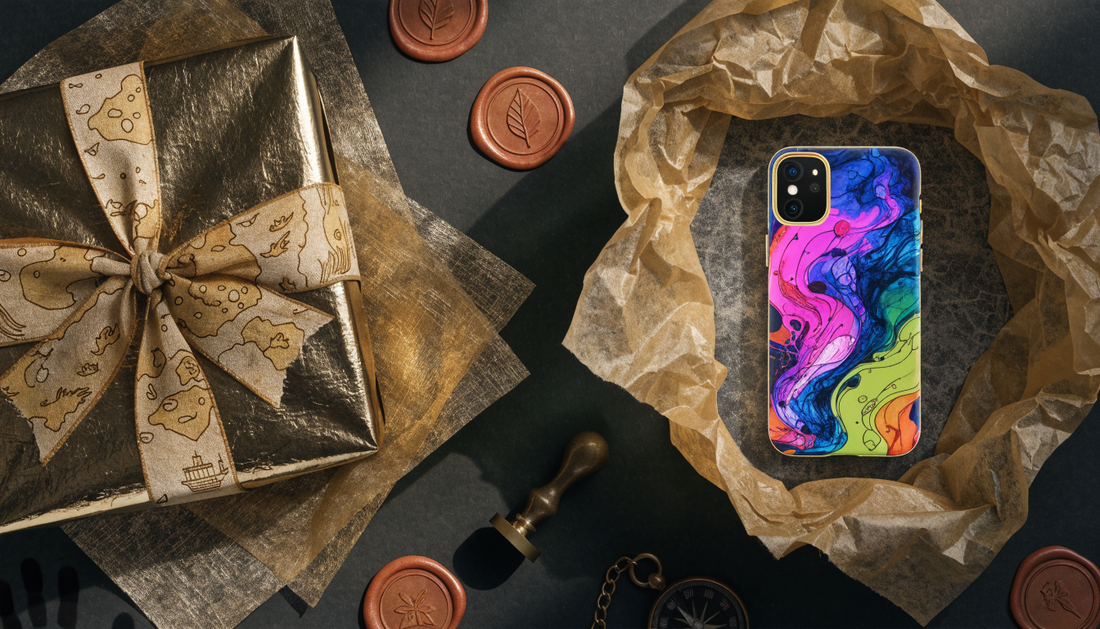 Coffret cadeau emballé avec une coque de téléphone lumineuse