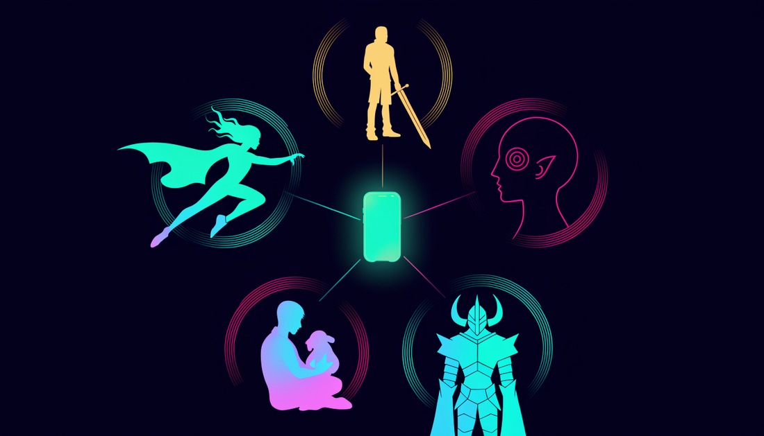 Illustration de cinq archétypes d'aventuriers lumineux autour d'une coque de téléphone