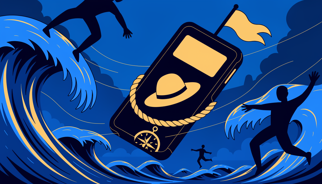 Smartphone avec coque à motif pirate stylisé au-dessus d'une mer bleue