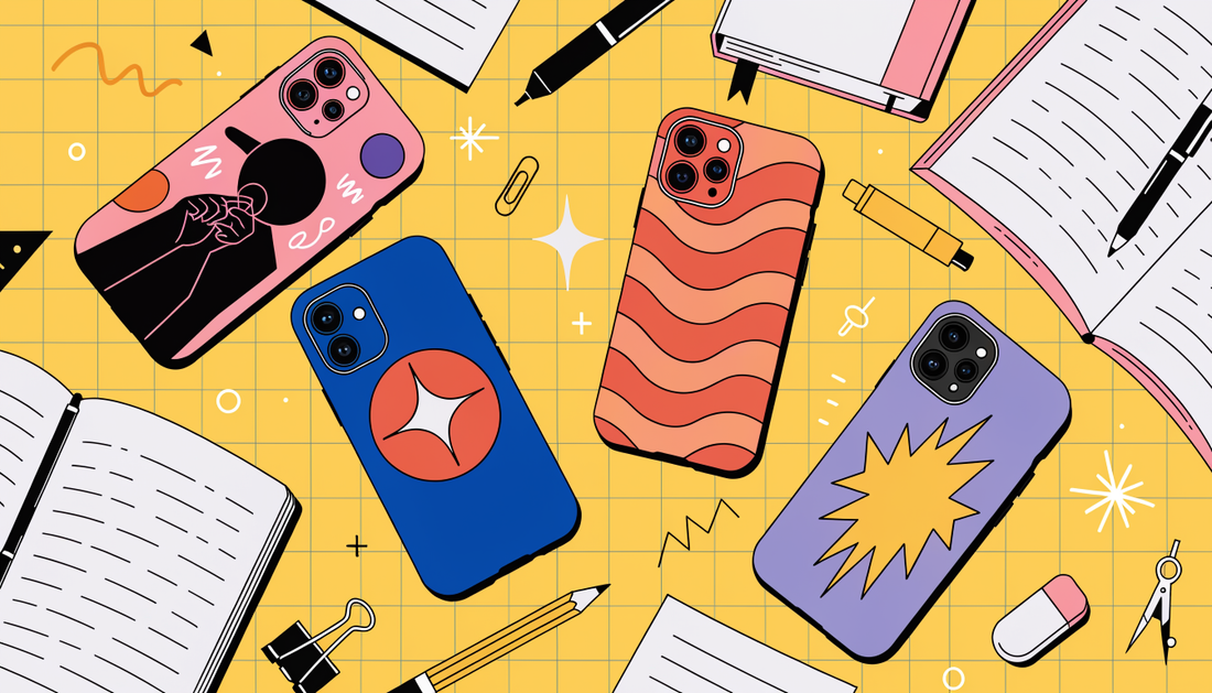 Bureau d'étudiant avec plusieurs coques de téléphone colorées à motifs mangas