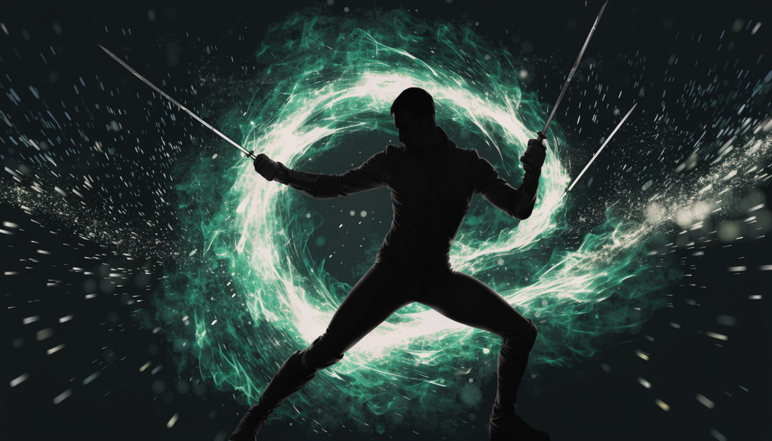 Silhouette de sabreur entouré d'une aura verte tourbillonnante, illustration originale style One Piece pour Yonkotsu