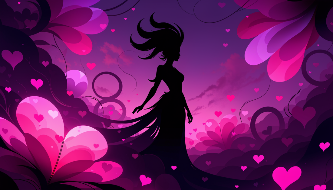 Silhouette féminine élégante entourée de motifs floraux roses et de cœurs stylisés, illustration originale style One Piece pour Yonkotsu