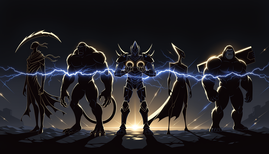 Composition de groupe de cinq silhouettes héroïques originales reliées par une énergie électrique bleutée