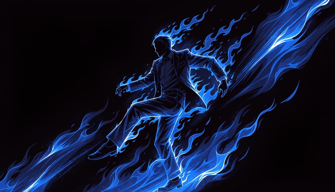 Illustration d'une silhouette élégante en costume sombre entourée de flammes bleues stylisées, ambiance nocturne intense